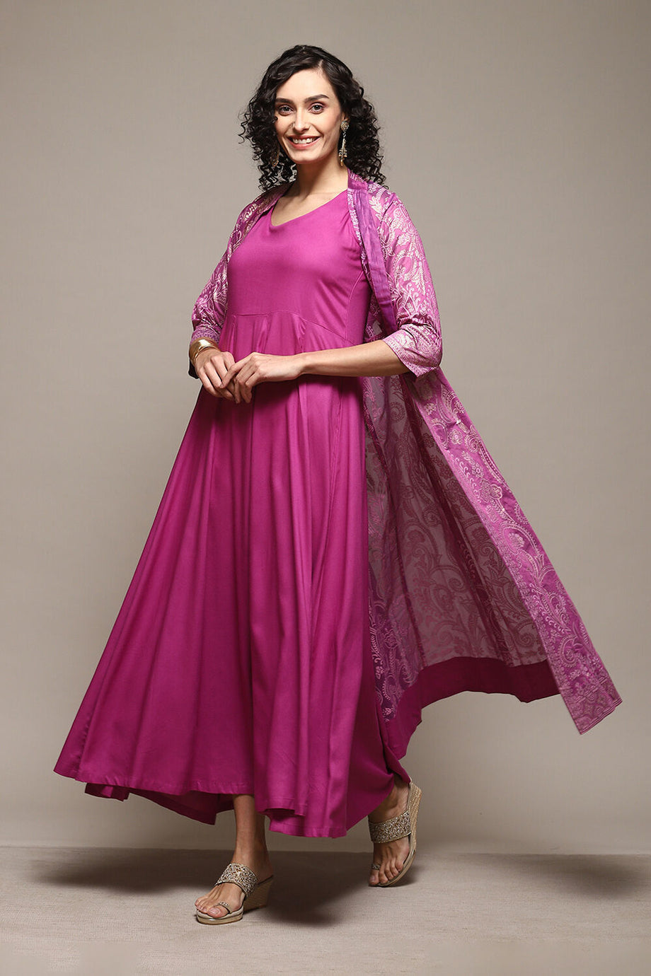 Buy BIBA Women's Lilac Cotton Tiered Printed Dress at