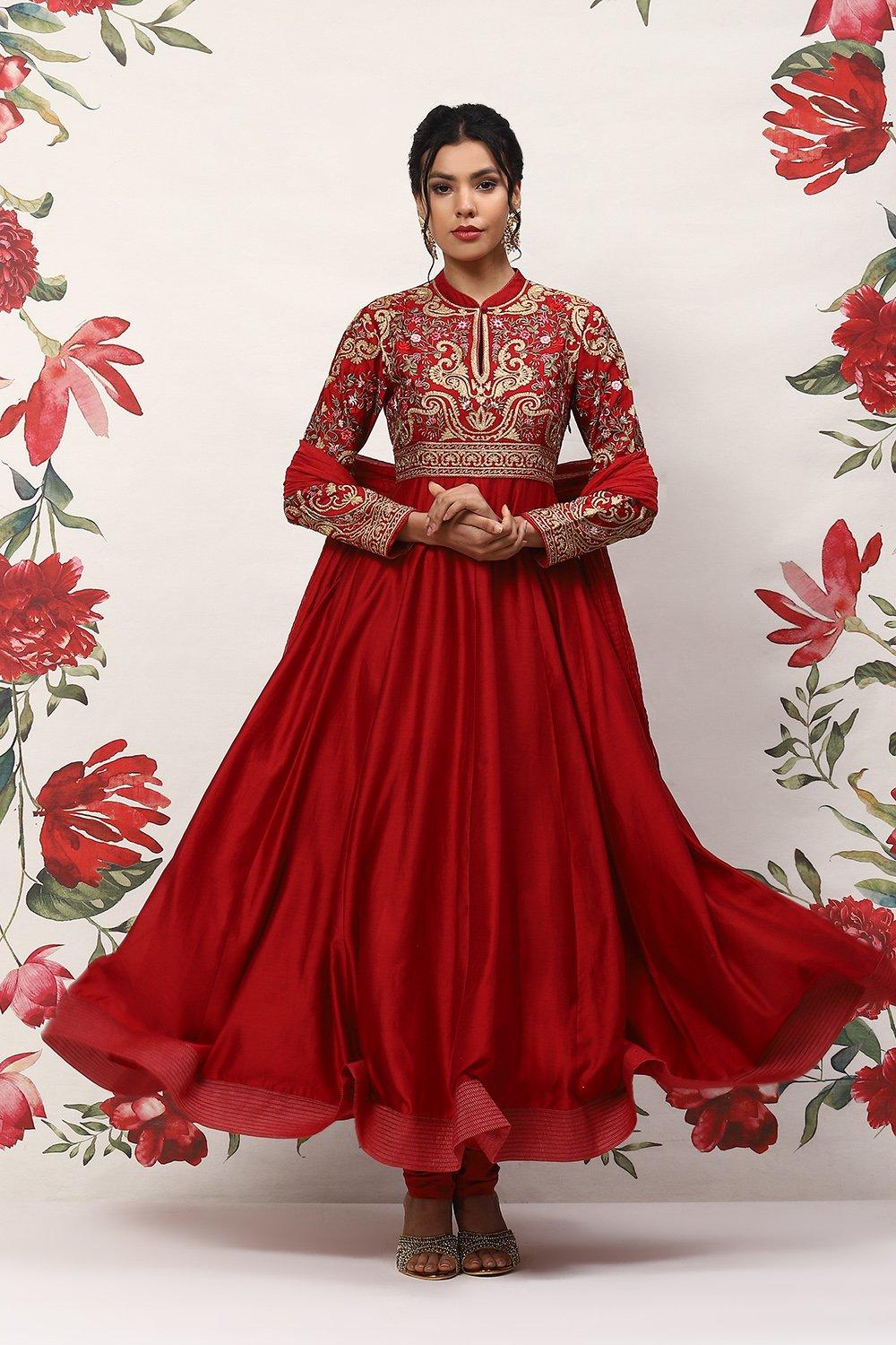 Buy Rohit Bal Red Cotton Blend Anarkali Kurta Suit Set only on